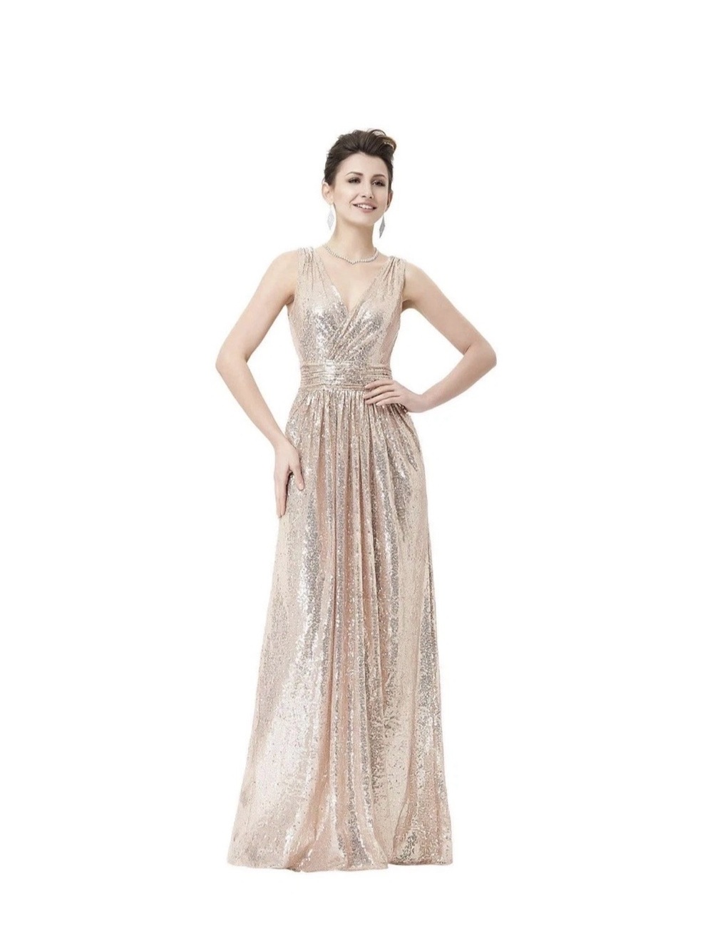 Rose Gold Sequin Prom Dress Size 10 Sleeveless V Neck Formal Evening Gown NWT
